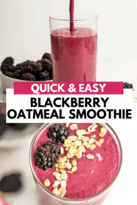 Blackberry oatmeal smoothie being poured into a large glass and garnished with granola and blackberries.