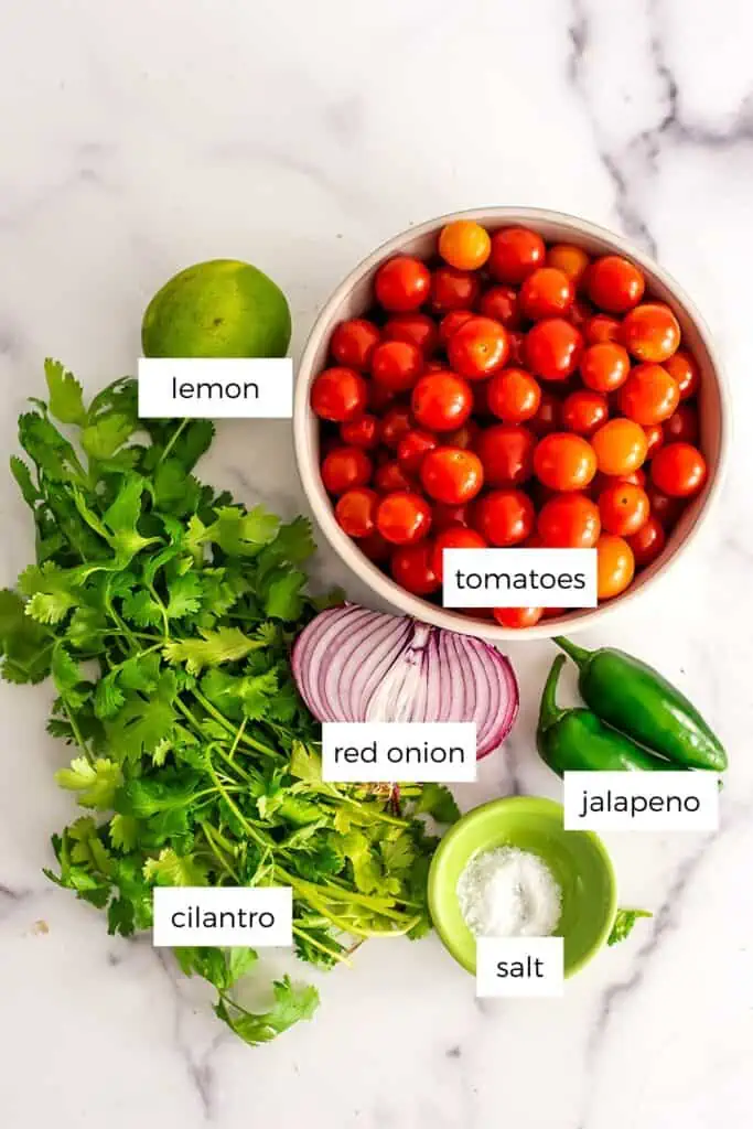 Cherry tomato salsa ingredients on a white table.
