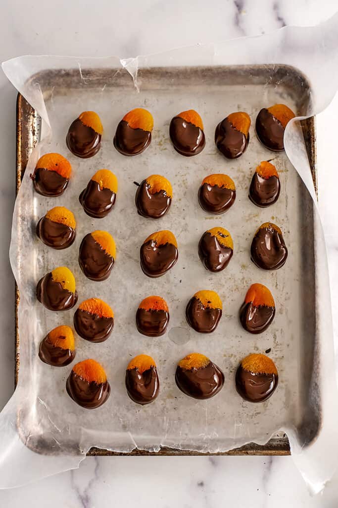 Dried apricots dipped in chocolate on a baking sheet.