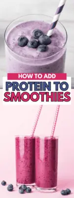 Blueberry protein smoothies with straws.