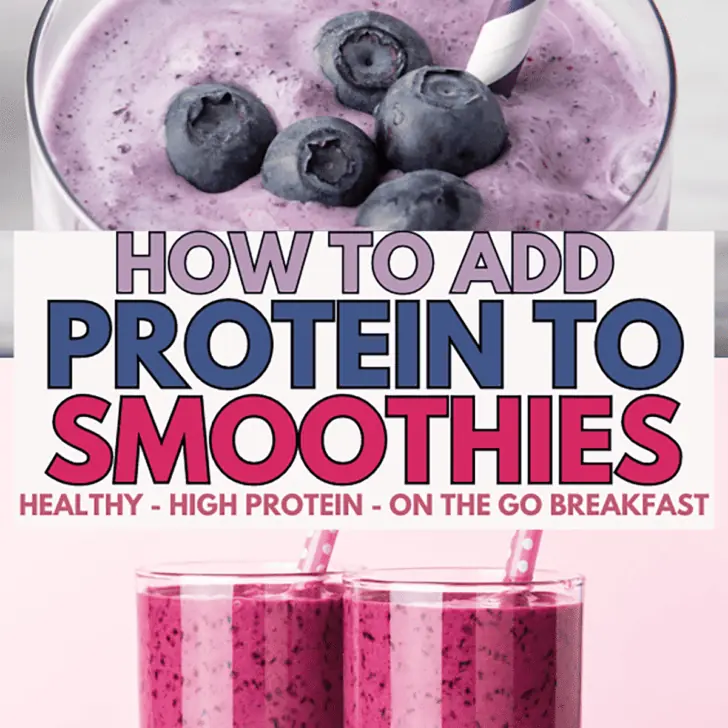A blueberry protein smoothie with blueberries on top and purple straw. Two blueberry raspberry protein smoothies with pink straws. The text How to add protein to smoothies, health, high protein, on the go breakfast is written on the image.