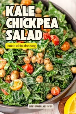 Kale chickpea salad with lemon tahini dressing in a grey bowl.