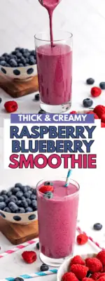 Raspberry blueberry smoothie being poured into a glass with raspberries and blueberries on top.