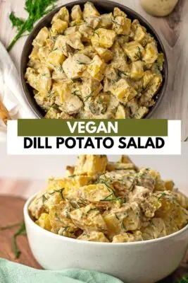 Vegan dill potato salad piled high in a bowl.