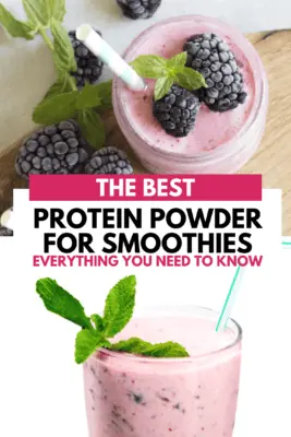A blender with smoothie ingredients and a blackberry smoothie. Text stating the best protein powder for smoothies is on the photo.
