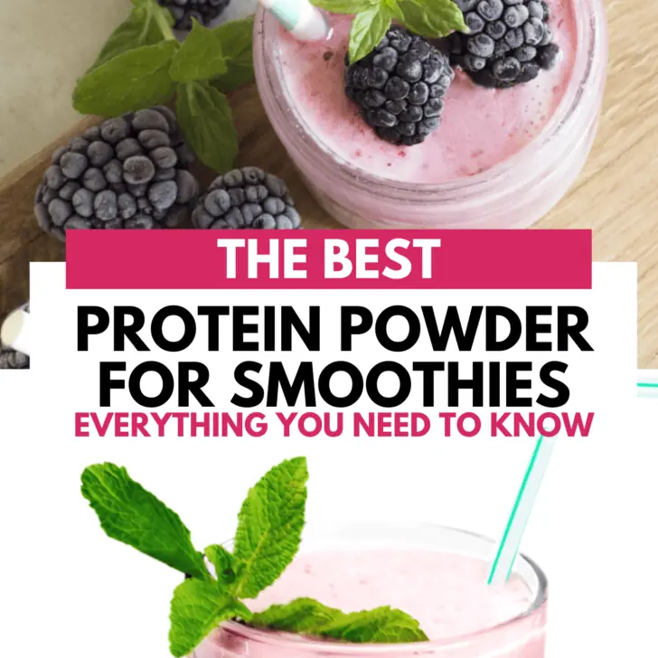 A blender with smoothie ingredients and a blackberry smoothie. Text stating the best protein powder for smoothies is on the photo.
