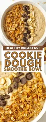 Cookie dough smoothie bowl with cereal, chocolate and cashew toppings.