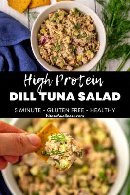high protein dill tuna salad in a white serving bowl.