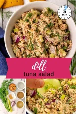 white bowl filled with dill tuna salad.