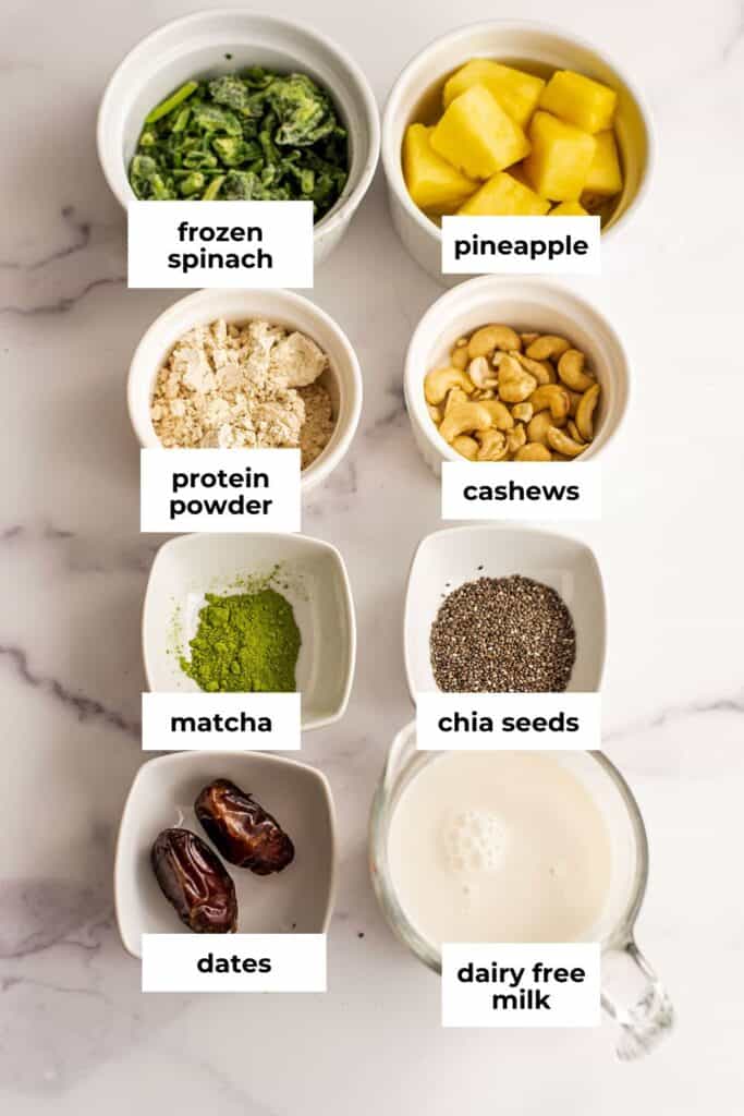 Pineapple matcha smoothie ingredients in white ramekins.