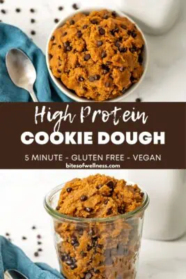 Protein cookie dough in a serving bowl and glass storage container.