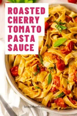 Large bowl filled with roasted cherry tomato sauce over pasta.