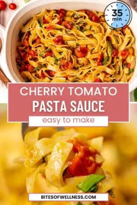 Large bowl filled with roasted cherry tomato sauce over pasta.