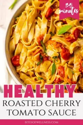 Large bowl filled with roasted cherry tomato sauce over pasta.