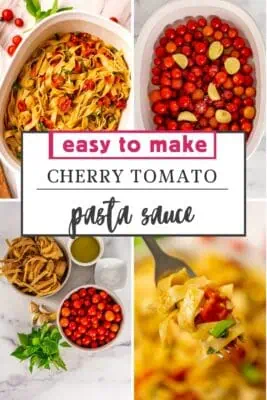 Large bowl filled with roasted cherry tomato sauce over pasta.