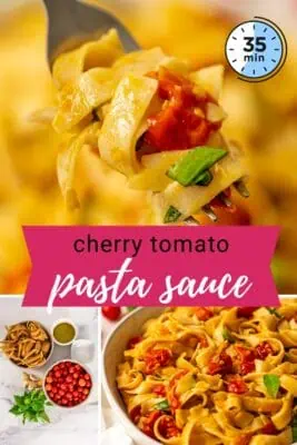 Large bowl filled with roasted cherry tomato sauce over pasta.