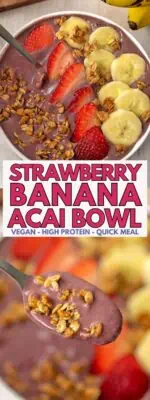 Banana strawberry acai bowl loaded with sliced fruit and granola.