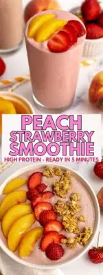 Strawberry peach smoothie without yogurt in a glass and bowl.