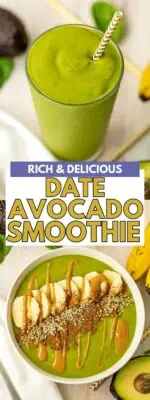 Avocado date smoothie in a bowl and glass.