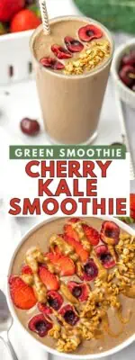 Cherry kale smoothie in a glass and bowl.