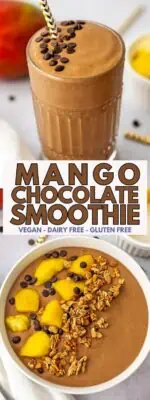 Mango chocolate smoothie presented in a smoothie bowl and a glass with toppings.