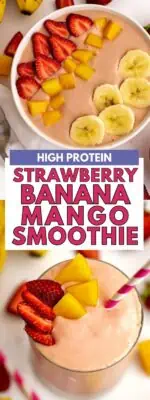 Strawberry banana mango smoothie in a bowl and glass.