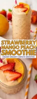 Strawberry mango peach smoothie in a decorative glass topped with sliced peaches and strawberries.