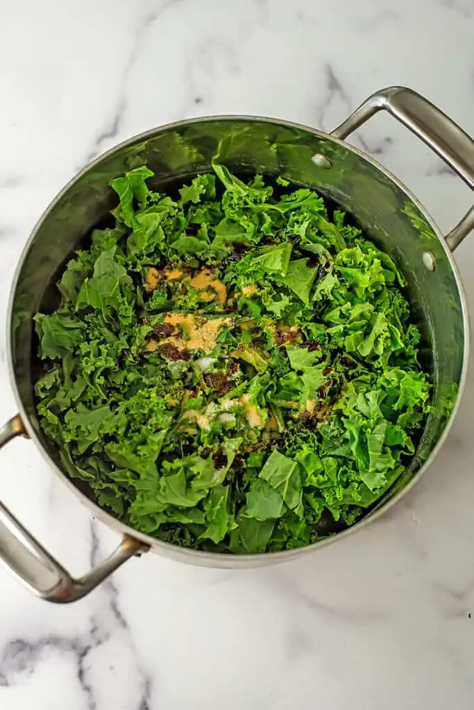 Chopped kale, balsamic vinegar, salt and garlic powder in pot.