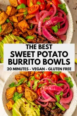 Sweet potato burrito bowl with sliced avocado and pickled onions.