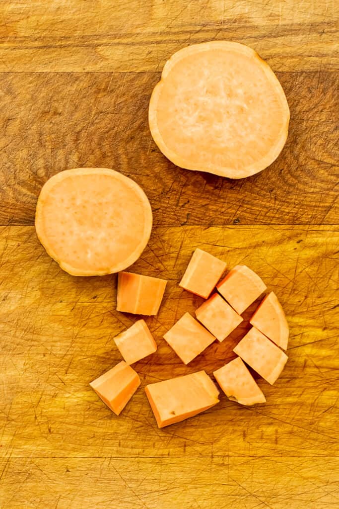 Sweet potatoes cut into 1/2 inch cubes.