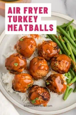 Plate filled with air fryer turkey meatballs with honey chipotle sauce.