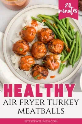 Plate filled with air fryer turkey meatballs with honey chipotle sauce.