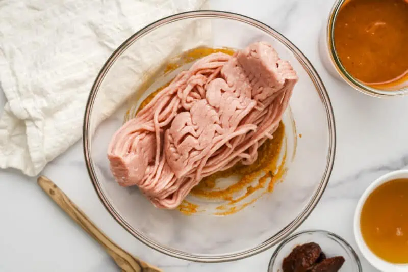 Ground turkey added to chipotle honey sauce mixture.