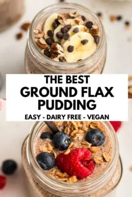 Ground flax pudding with berries on top with granola in background.