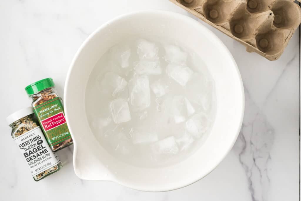 White bowl filled with ice water.
