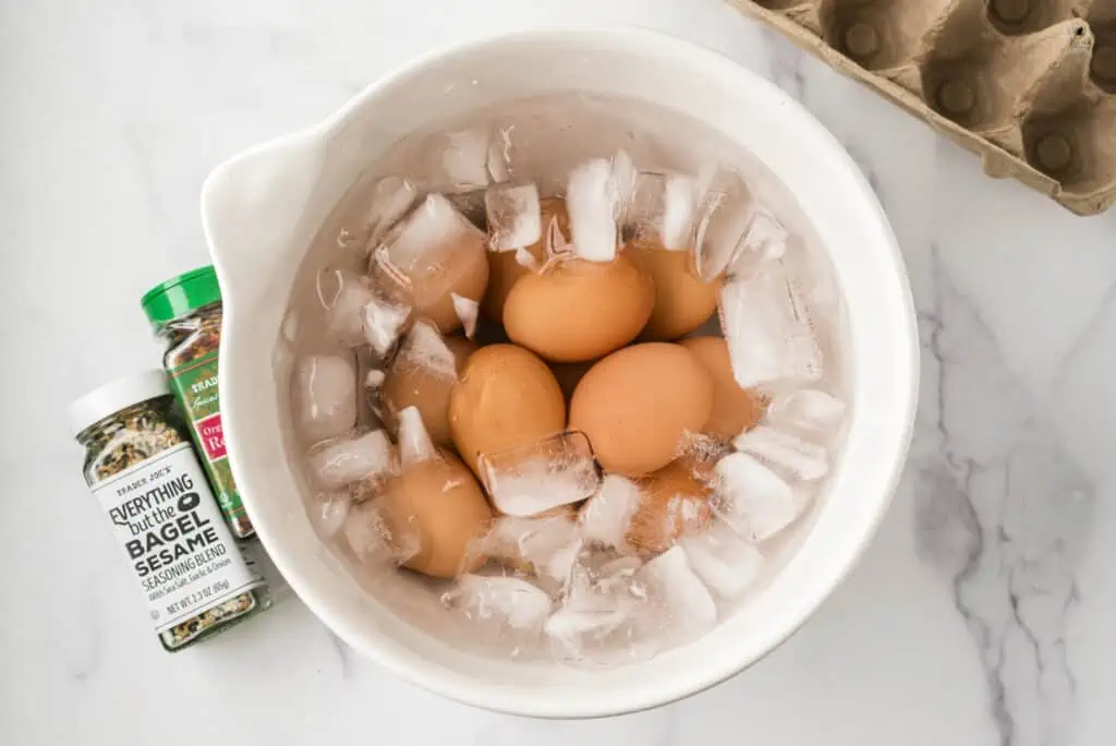 Eggs in a ice bowl after cooking.