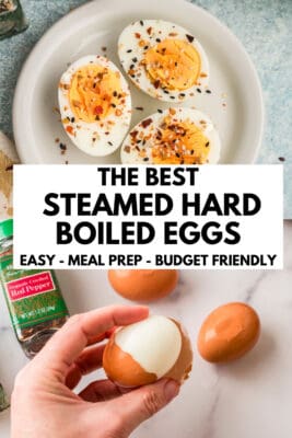 Hand peeling off egg shell from steamed hard boiled eggs.