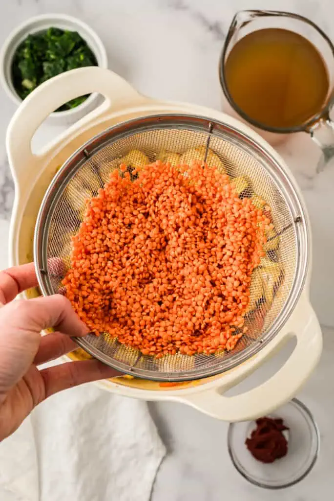 Rinsed red lentils in mesh strainer over white pot.