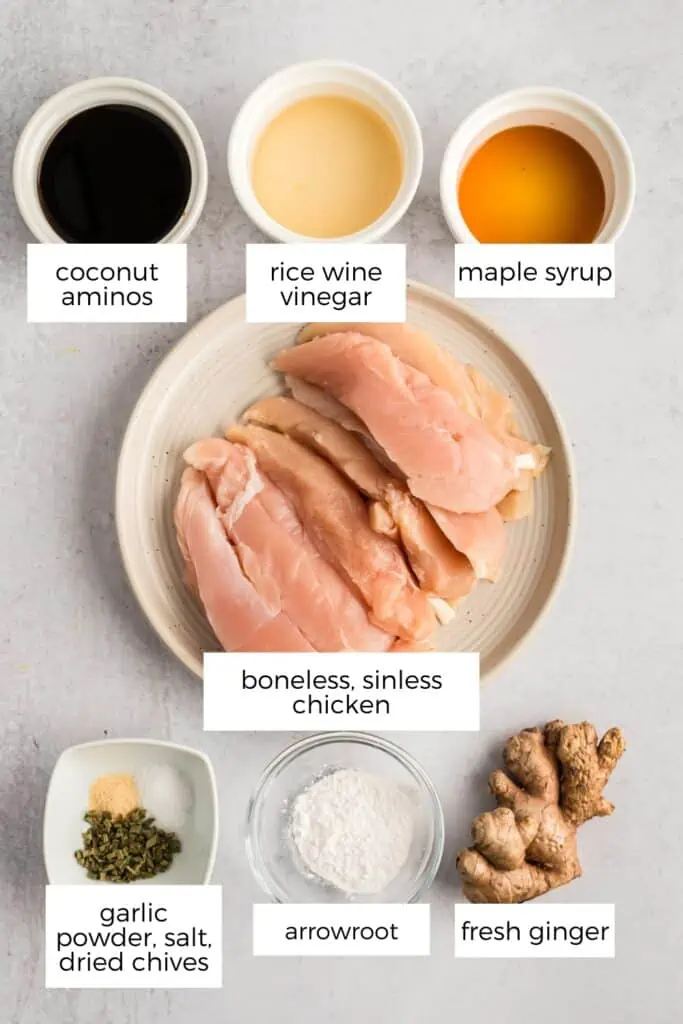Ingredients to make instant pot teriyaki chicken on a concrete countertop.