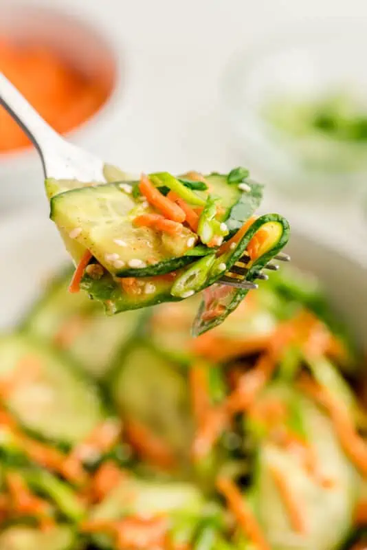 Forkful of Asian carrot cucumber salad