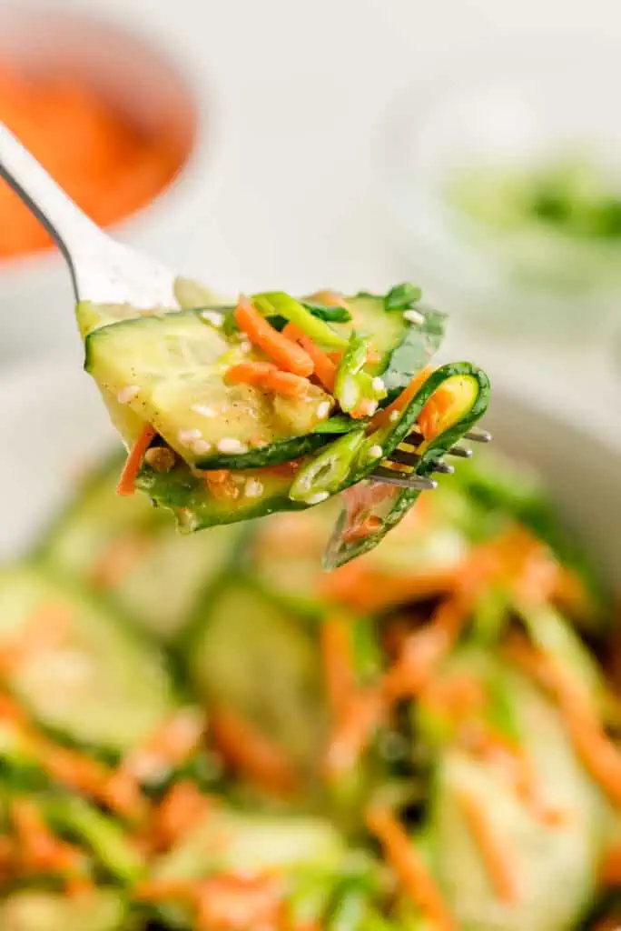 Forkful of Asian carrot cucumber salad