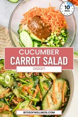Large bowl filled with asian cucumber carrot salad.