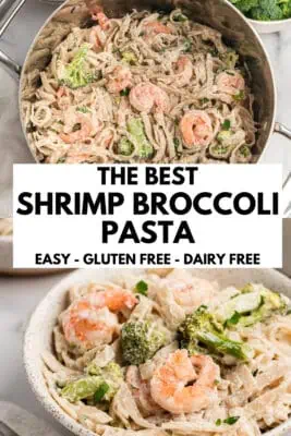Pot filled with creamy broccoli shrimp pasta.