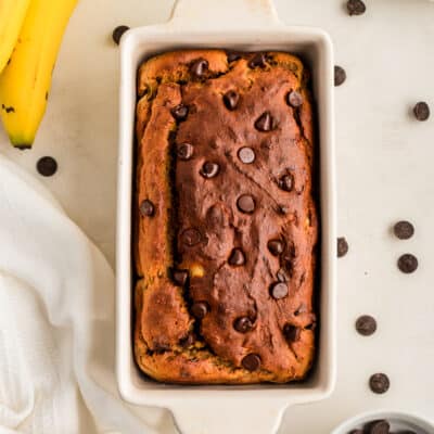 Loaf pan filled with high protein banana bread.