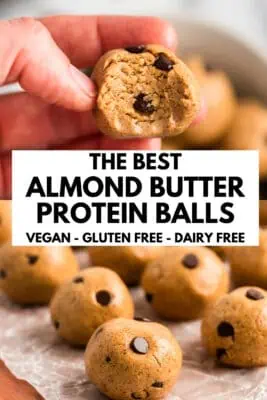 Hand holding protein almond butter balls with a bite taken out.
