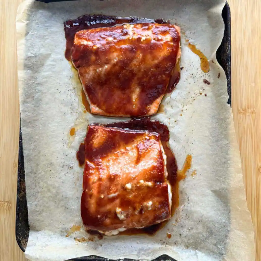 BBQ salmon after baking in the oven.