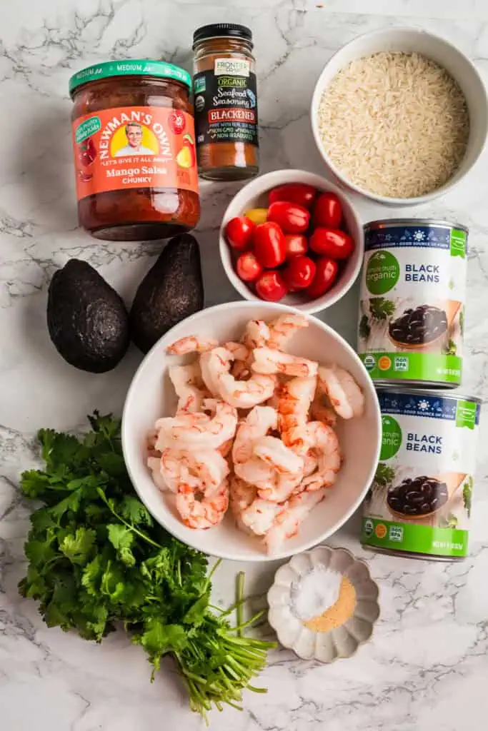 Ingredients to make blackened shrimp bowls.