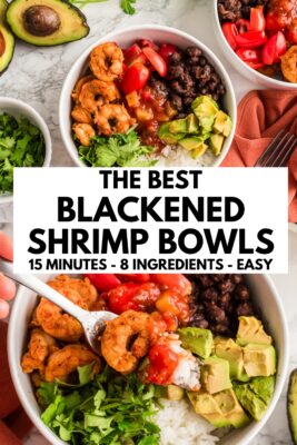 Blackened shrimp and rice in a bowl with avocado and orange napkin on the sides.