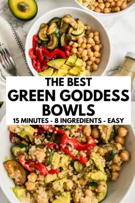 Green goddess bowl with quinoa in a white bowl.