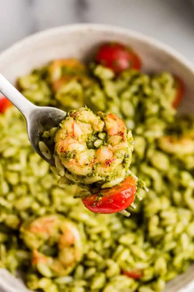 Forkful of pesto shrimp orzo over white bowl.